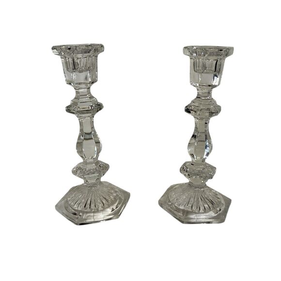 Two Clear Candlesticks With Thick Clear Glass. Vintage. With Unique Design. 8” - Picture 2 of 5